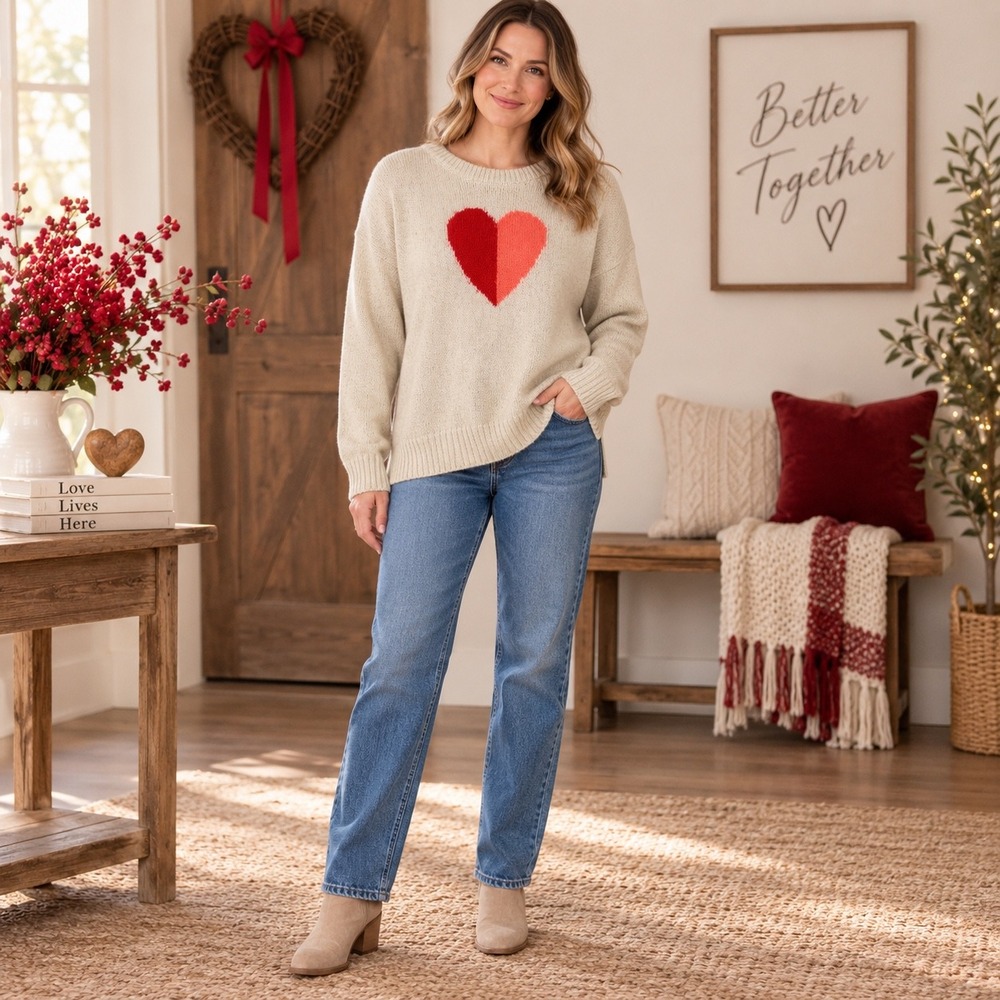 a.n.a A New Approach Womens Heart Graphic Pullover Sweater Oatmeal Red Large